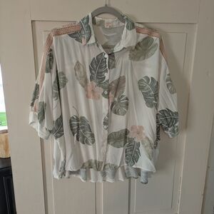 Surf Gypsy White Floral Button-Front Blouse with Green Leaves and Pink Accents